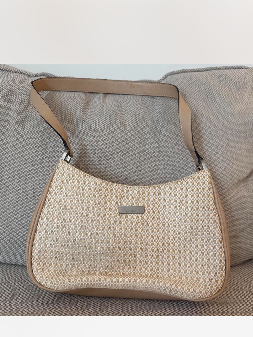 Liz Claiborne Beige Woven Shoulder Bag with Tan Trim
